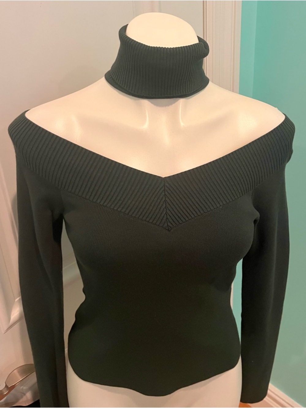 Off-Shoulder Ribbed Crop Turtleneck Sweater - Dark Green